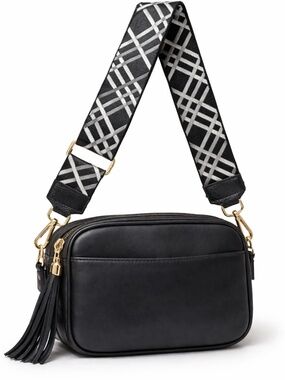 Reversible 2" Wide Strap Replacement black, gray and white Plaid. Made in Italy